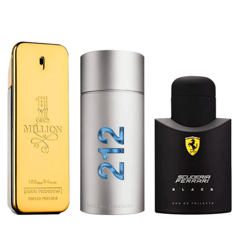 1 Million, 212 MEN e Ferrari Black - Combo de 3 Perfumes Masculinos 100ml - Loja Facilita Lar