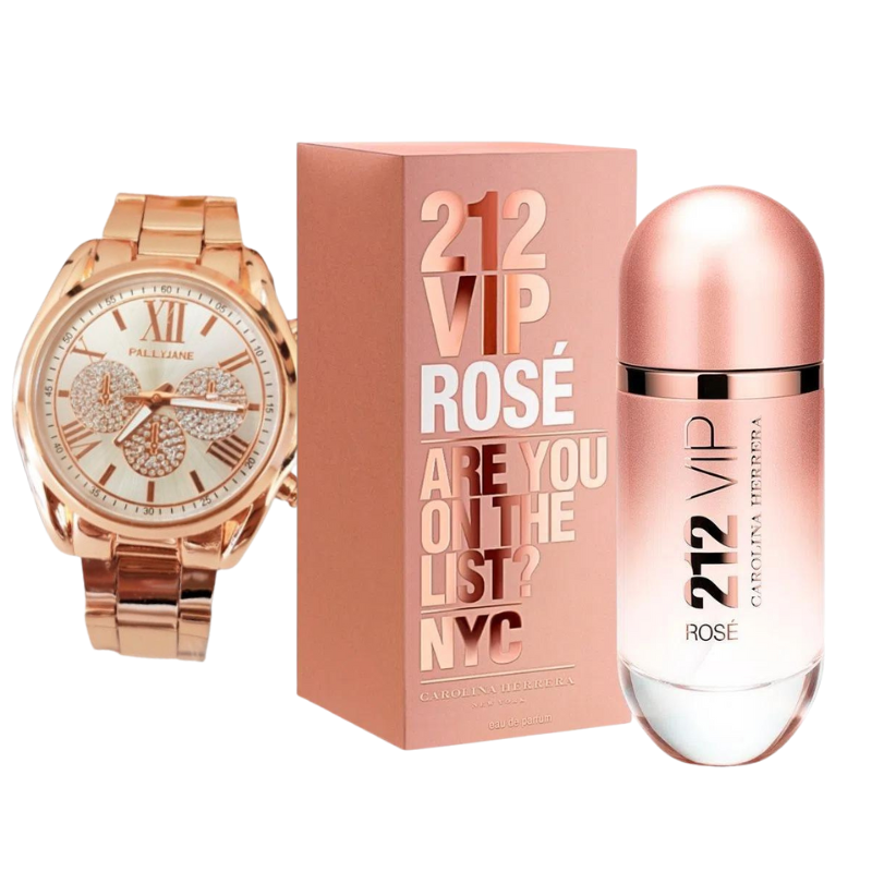 Kit Perfume Importado 212 Vip Rose + Relógio Importado Pallyjane - Especial Dia das Mães 🩷