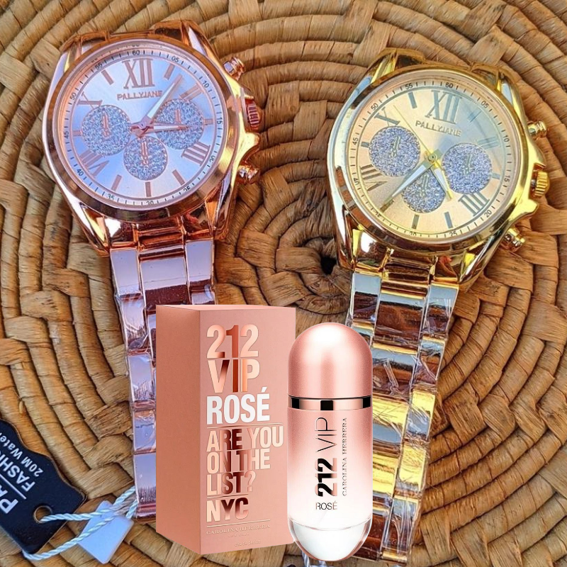 Kit Perfume Importado 212 Vip Rose + Relógio Importado Pallyjane - Especial Dia das Mães 🩷